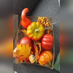 Fall decor, artificial leaves and pumpkins, fall leaves and pumpkins